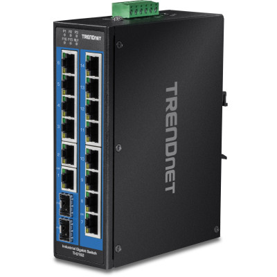 TRENDnet TI-G162 16-Port Ethernet Switch, 14 Gigabit ethernet ports, 2 Gigabit SFP slots, 32 Gbps switching capacity, DIN-rail/wall mount